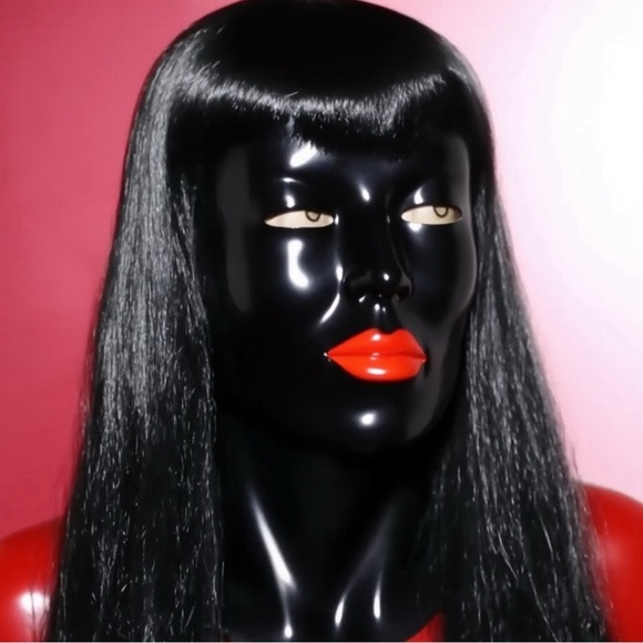 Sissy Crossdresser Black Latex mask BDSM Fetish with red Lipstick - Picture 3 of 6